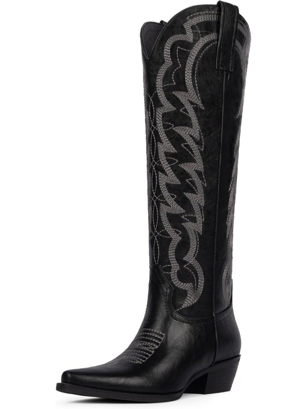 Women's Black Cowboy Knee High Boots Pointed Wide Calf Chunky Heel Cowgirl